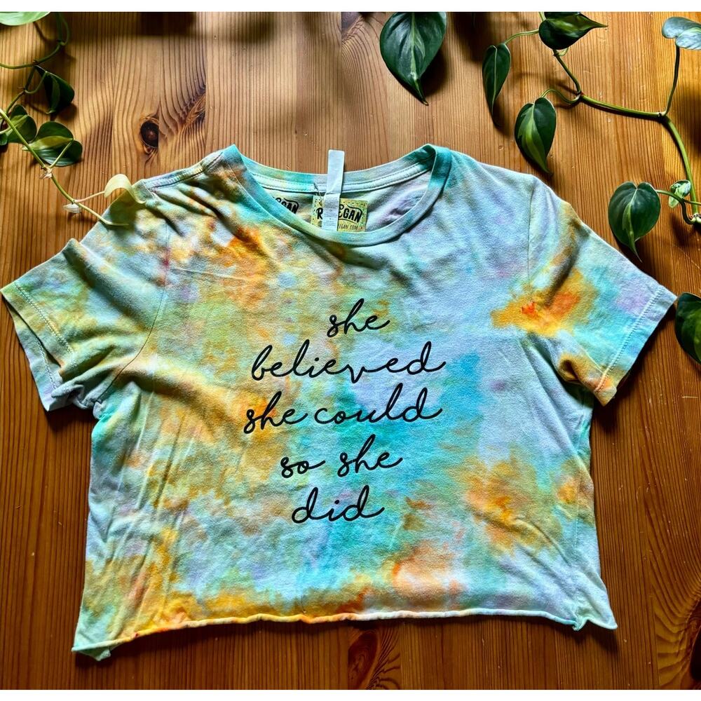 Hand Ice Dyed Graphic T-Shirt Reworked Cropped Tee Blue Orange She Believed S